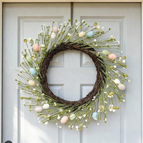 HipTree 20 Inch Farmhouse Easter Wreath for Front Door, Artificial Pastel Spring Wreath with Mini Easter Eggs, Handcrafted Wreaths for Entryway Mantel Window Indoor Outdoor Decorations - Image 1