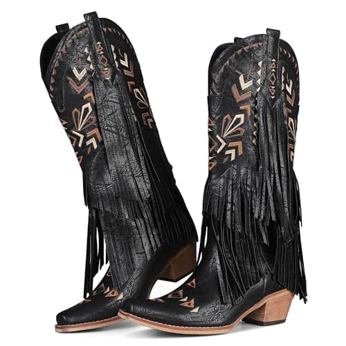 SaraIris Women's Cowgirl Boots Knee High Fringe Boots Tassel Western Boots Classic Embroidered Boots Chunky Heel Pointed Toe Pull On Cowboy Boots for Women - Image 1