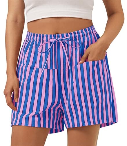 Aoysky Womens Striped Lounge Shorts High Waisted Drawstring Casual Summer Shorts Color Block Beach Bottoms with Pockets Pink - Image 1