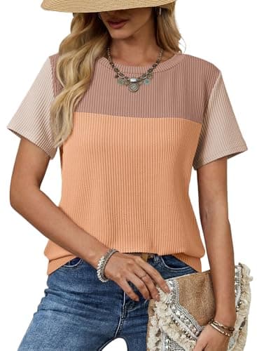 Dokotoo Womens Shirts Color Block Short Top Cute Pullover Ladies Tees & Blouse Spring Summer Business Casual t Shirts Blouses for Women Fashion 2025 Khaki Medium - Image 1