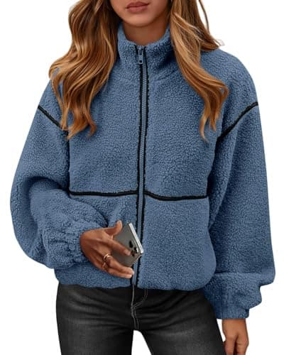 KIRUNDO Sherpa Jacket Women Fleece Oversized Zip Up Winter Coats Fall Jackets Faux Fur Warm Outwear 2026 Fashion Clothing(Dusty Blue, XX-Large) - Image 1