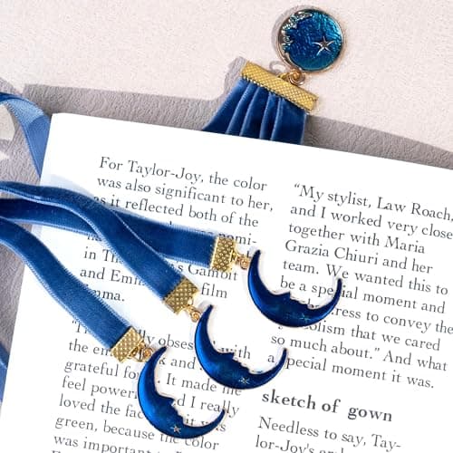 bibiage Velvet Bible Ribbon Bookmark, 5 Multi-Page Bible Bookmarks for Women & Men, 14 inch Ribbon Bookmark for Bible Study, Elegant Christian Gift with Moon Star Pendants, Blue - Image 1