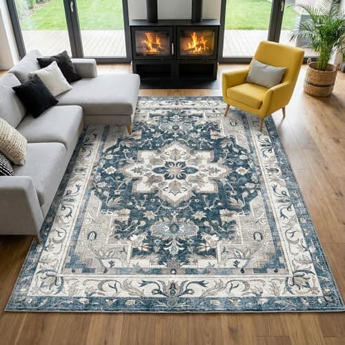 Cnythlis 6'x9' Washable Area Rug, Non-Slip Vintage Farmhouse Carpet, Stain Resistant Low Pile Rug for Living Room Dining Room Bedroom, Blue Light Gray - Image 1