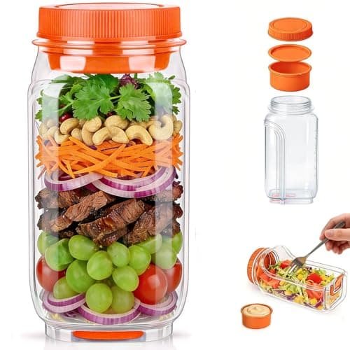 VKX 2026 Upgraded Salad Jar Side Open, 35oz (1000ml) Leakproof Salad Jar Lunch Container with Dressing Cup & Lid, Dishwasher Safe for Office & Outdoors, Travel (Orange) - Image 1