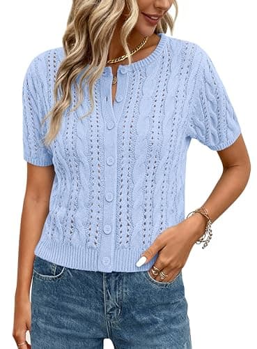 MASCOMODA Women Summer Cable Knit Crochet Cardigan Sweaters Casual Button Short Sleeve Sweater Cute Beach Hollow Out Knit Top(Light Blue,Large) - Image 1