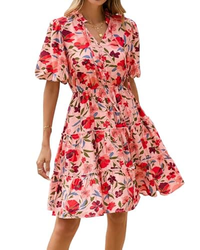 BTFBM Women Summer Floral Short Dresses V Neck Short Sleeve Tiered Ruffle Boho Swing Dress A-Line Mini Dresses(Floral Pink Red,Large) - Image 1