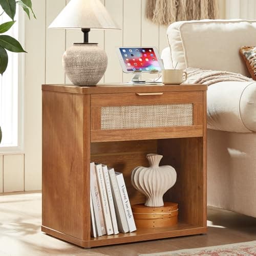LEYAOYAO Rattan Nightstand with Charging Station, 23" Wide Boho Night Stand with Drawer, Natural Wood Bedside Table Open Storage Cabinet, Bed Side End Tables Dresser for Bedroom, Living Room, Hallway - Image 1
