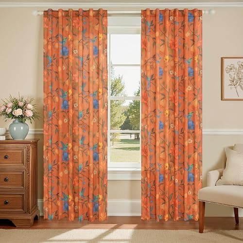 JOOJA Orange Floral Linen Curtains, Boho Whimsical Bird Print Curtains for Bedroom Window Colorful Patterned Sheer Curtains for Living Room Kitchen 2 Panels 84 Inches Long Terracotta - Image 1