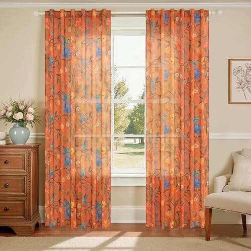 JOOJA Bird Floral Curtains 2 Panels 96 Inches Long Vintage Boho Patterned Terracotta Whimsical Living Room Colorful Linen Blend Printed Window Curtains for Bedroom Kitchen - Image 1