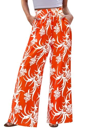CFLONGE Palazzo Pants for Women Casual 2026 Summer High Waist Floral Wide Leg Pant Trendy Boho Trousers Fashion Beach Outfits(Orange,Small) - Image 1