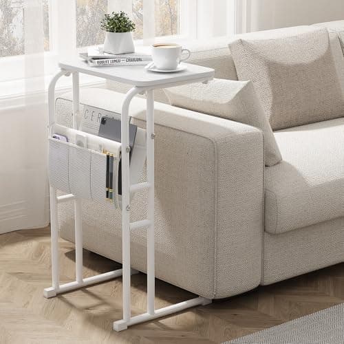 Olldide C-Shaped End Table with Storage Bag, Side Table for Living Room Bedroom, Slide Under Couch Sofa TV Trays Desk, Small Narrow Space Applicable, White - Image 1