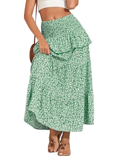 Lyrur Boho Maxi Skirts for Women Summer Smocked High Waist Tiered Flowy Long Skirt for Beach Vacation Resort Wear Green Floral X-Large - Image 1