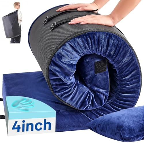 Easthome Memory Foam Camping Mattress Pad with Pillow - Extra Thick 4 Inch Sleeping Pad for Camping, Waterproof Roll Up Single Mattress Topper Bed for Adults Guest Car Tent, Travel Bag, Navy Blue - Image 1