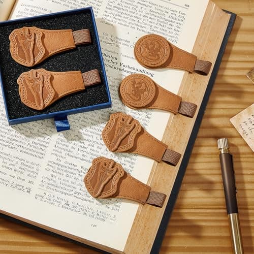 2 Pcs Leather Magnetic Bookmarks for Men,Vintage Sword and Dragon Pattern, PU Leather Bookmark, Gift Box Included - Image 1