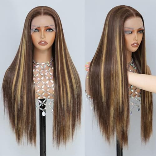 Barbique Synthetic Lace Front Wig, Honey Blonde Wig 13x6 Hd Lace Pre-Plucked Long Straight Highlights Glueless Wigs for Black Women 26 Inch Suitable for Everyday Wear - Image 1