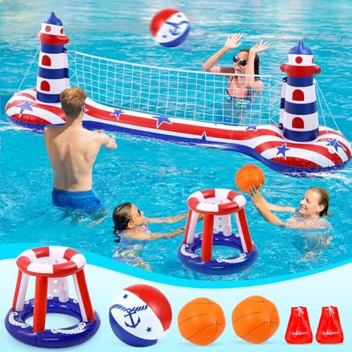 EagleStone Inflatable Pool Float Set with Volleyball Net & Basketball Hoop,2-in-1 Floating Water Games for Kids Adults, Backyard Beach Summer Toys, Heavy-Duty PVC Family Pool Party Essentials - Image 1