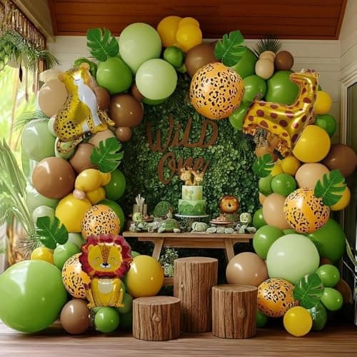 Sage Green Brown Balloons Double Stuffed Dusty Olive Green Mustard Yellow Balloon Arch Animal Print Balloons Palm Leaves for Baby Shower Birthday Safari Jungle Woodland Wild One Tropical Party Decor - Image 1