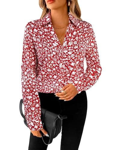 SOFIA'S CHOICE Polka Dot Shirt for Women Long Sleeve Dressy Blouse Work Business Fall Outfits Floral Red X-Large - Image 1