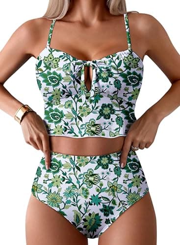 Pink Queen High Waisted Bikini Set for Women Two Piece High Cut Swimsuit Cutout Keyhole Tummy Control Bathing Suit Green M - Image 1