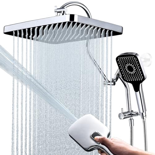 13 Inch Rainfall Shower Head with Multi-Function Handheld Sprayer Combo, 3-Way Metal Extended Diverter with Holder and Metal Adjustable Curved Shower Extension Arm, Extra Long Hose Chrome - Image 1