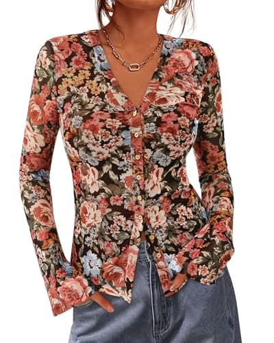 BTFBM Button Down Shirts for Women 2026 Spring Boho Tops V Neck Long Sleeve Blouses Ruched Mesh Fitted Fashion Clothing(Floral Black Red, Small) - Image 1