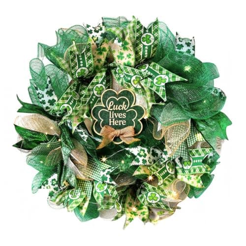 Presentastic 18 Inch St. Patrick's Day Decorations Wreath, Handcrafted Shamrock Wreath for Front Door with Light, Clover Artificial Design, Lucky Irish Porch Decor, Wall, Entry, Party Holiday Display - Image 1
