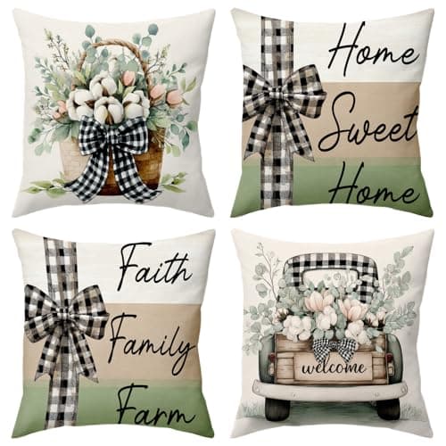 BBOLDIN Rustic Country Throw Pillow Covers 18x18 Couch Cushion Covers, Farmhouse Plaid Bow Decorations for Bedroom Porch Home, Pastel Flower Car Pillow Cases Decor Set of 4 - Image 1