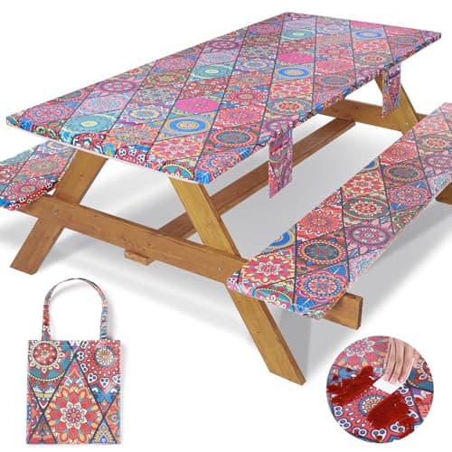 Jobunai Picnic Table Cover with Bench Covers Fitted Wrinkle Free Camping Table Cloths Hiking Glamping Supplies Travel Trailers Cooking Essential Holiday Festival Decor Gifts for Adult Who Want Nothing - Image 1