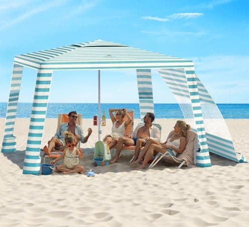 Rhino Valley Beach Cabana, 8 * 8FT Beach Tent UPF50+ Protection, Easy Setup Beach Canopy Wind Resistant with Cup Holder, Compact Beach Shade Foldable Beach Tent Sun Shelter, Light Blue Stripes - Image 1