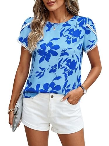 PRETTYGARDEN Womens Spring Tops 2026 Casual Crewneck Lace Crochet Short Sleeve Shirts Floral Boho Blouse Loose Tunic Top(Blue Big Floral,X-Small) - Image 1