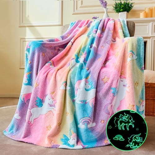 Joiedomi Glow in The Dark Blanket - Unicorns Gifts Toys for Girls Age 2 3 4 5 6 7 8 9 10 11 12 Year Old - Soft Cozy Flannel Kids Throw Blanket, Birthday Bedroom Decor 50"×60" - Image 1