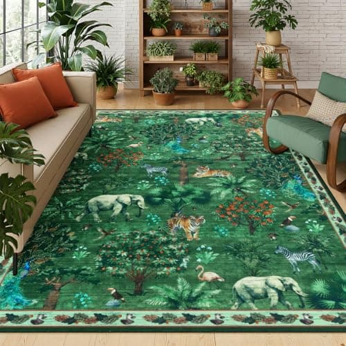 Yamaziot Washable Area Rug 8x10 – Jungle Animal Print Linen Rug for Living Room, Low Pile Non Slip Boho Floor Carpet for Indoor Outdoor Rug, Bedroom, Living Room, Dining Room, Forest Green - Image 1