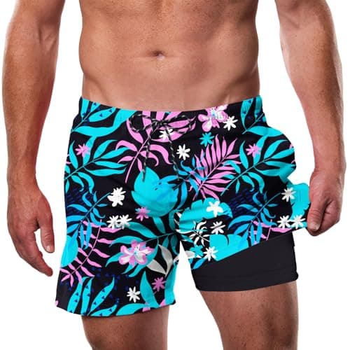 Cozople Men's Bathing Suit with Compression Liner 5.5 inch Swim Trunks 2 in 1 Quick Dry Boxer Brief Lined Swimwear Tropical Flowers Print Board Short S Beach Play Sandcastle Building Wave Wading - Image 1