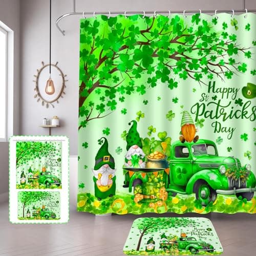 Lutto St Patricks Day Shower Curtain for Bathroom, St Patricks Day Shower Curtain Set with Rugs, Bathroom Set for St Patrick's Day Decorations, Gnomes Shower Curtain with Hooks for Bathroom Decor - Image 1