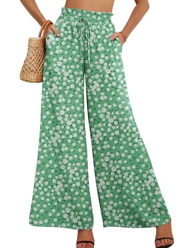 Heymoments Women's Wide Leg Dress Pants with Pockets Fresh Daisy XX-Large Lightweight Elastic High Waisted Adjustable Tie Knot Flowy Casual Ladies Beach Pleated Trousers - Image 1