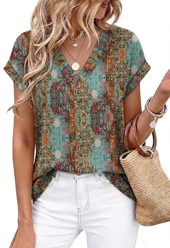WIHOLL Boho Tops for Women 2026 Trendy Fashion V Neck T Shirts Loose Fit Casual Summer Vacation Outfits Hawaiian Shirts Rolled Sleeve Tropical Graphic Tees Floral Print M - Image 1