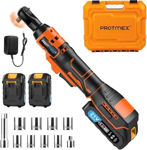 Protmex 3/8'' Cordless Ratchet Wrench, 60FT-LBS (80N.m) Electric Ratchet with 21V 2 X 2.0Ah Battery, 400 RPM Chargeable Power Ratchet Driver Set with 8 Sockets,1/4 Adaptor, 3" Extension Bar - Image 1