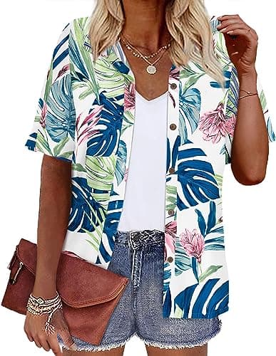 LILYCHIC Women's Hawaiian Shirts Outfits Luau Party Tropical Tops Blouses Summer Beach Plus Size Shirt Palm Leaf White XXL - Image 1