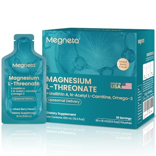 MEGNETA Magnesium L-Threonate Liquid, 2000mg Magnesium L-Threonate, Liposomal for High Absorption, with Urolithin A, N-Acetyl L-Carnitine & Omega-3, Brain, Memory, Focus & Sleep Support, 30 Pouches