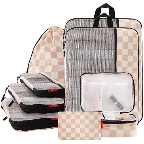 U+U 8 Set Compression Packing Cubes - Ultralight Travel Organizers with Laundry Bag and Cosmetic Bag, Space-Saving Suitcase Organizer for Travel, Business Trip and Family Vacation (Khaki Checkered) - Image 1