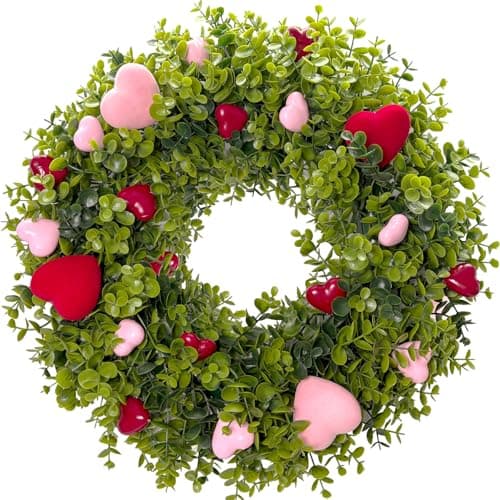 HipTree 18 Inch Spring Mothers Day Heart Wreath for Front Door,Artificial Boxwood Wreath with Flocked Pink & Red Hearts- Romantic for Valentines Day,Anniversary,Wedding,Indoor Outdoor and Wall Decor - Image 1
