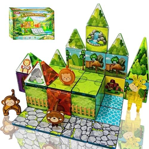 LATI Magnetic Tiles Building Set, Zoo World Animal Magnet Blocks with Giraffe, Lion & Bear, STEM Build & Play Toy for Kids Ages 3-8, Educational Gift for Boys & Girls - Image 1