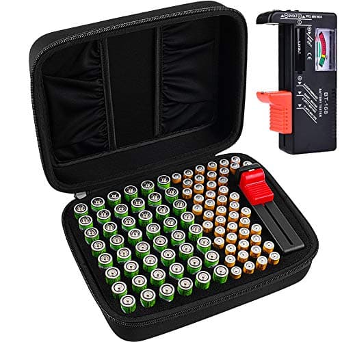 Comecase Battery Organizer Storage Box Case Holder for 48 x AA, 48 x AAA Total 96 Batteries with Battery Tester, Extra 2 Pockets for Other Accessories