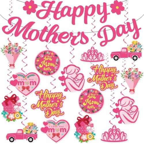 LARRAZABAL Mother's Day Decorations, Happy Mother's Day Banner and Hanging Swirls Decorations, Day Party Decorations Supplies Happy Mothers Day Decor - Image 1