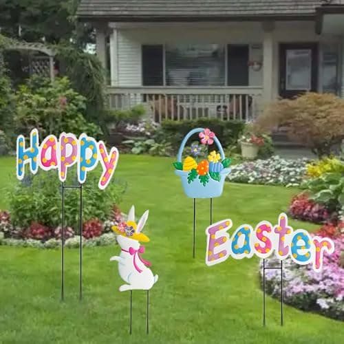 Easter decor Garden Stakes Set of 4,Easter decorations outdoor,Easter outdoor decorations yard,Metal easter yard decorations outdoor,Easter outdoor decorations, Easter Rabbit & Egg Yard Signs. - Image 1