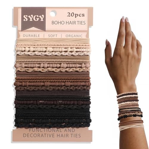 20 PCS Boho Hair Ties Bracelets, No-Damage Hair Elastics for Thick/Thin Hair, 4 Styles 2.36" Braided Ponytail Holders with Gifts Box, Brown - Image 1