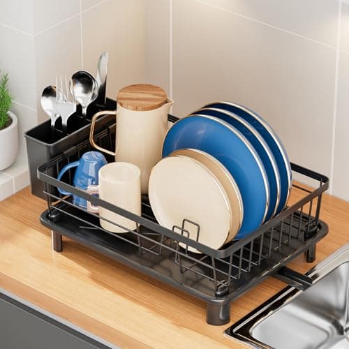 Dish Drying Rack, Stainless Steel Dish Racks for Kitchen Counter, Sink Organization and Storage Essentials, Kitchen Organizer for Forks, Spoons Dishes,Cup and Bottle (Black, 14.96''*11.02''*6.69'') - Image 1