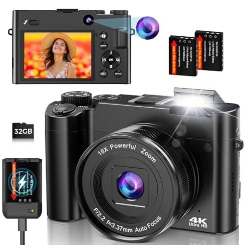 4K Digital Camera for Photography and Vlogging, 64MP Compact Autofocus YouTube Video Camera with Dual Lens 3" IPS Selfie Anti-Shake, 16X Zoom, Flash, 32GB Card, 2 Batteries, Teens & Beginners, Black - Image 1