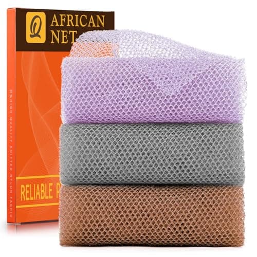 UJFQBH 3 Pieces African exfoliating net African Net Long Net Bath Sponge Exfoliating Shower Body Scrubber Back Scrubber Skin Smoother,Great for Daily Use (Purple、Gray、Brown) - Image 1