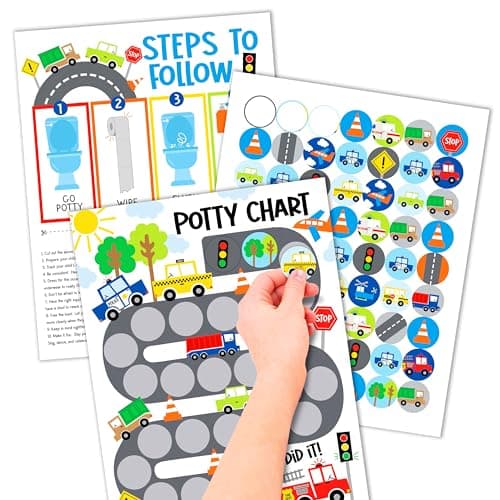 Hadley Designs Potty Training Chart for Toddlers Boys -10 Sticker Potty Chart for Toddlers Boys, 8.5x11" Potty Training Sticker Charts for Toilet Success, Cars Toddler Reward Chart for Kids
